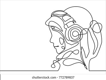beautiful girl with headphones- continuous line drawing