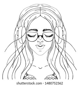 Beautiful Girl With Headphones On Her Head Listens To Music. Black And White Illustration For Posters And Cards. Coloring For Adults And Older Children. Vector Illustration.