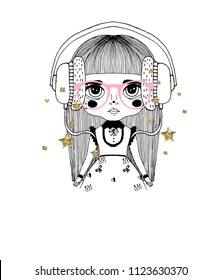 Beautiful girl with headphones and sunglusses around gold stars
