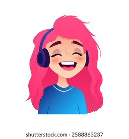 Beautiful girl in headphones. Young woman with pink hair laughing joyfully listening to music and trendy podcast