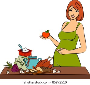 Beautiful girl with healthy meal ingredients. Vector