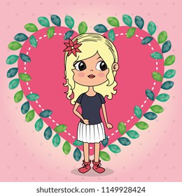 beautiful girl with heart floral frame kawaii character