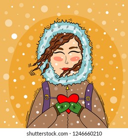 Beautiful girl with a heart in her hands in the winter in a down jacket. Vector