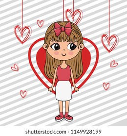 beautiful girl with hearts hanging kawaii character