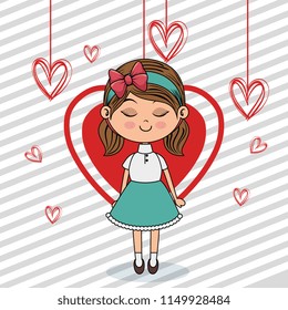 beautiful girl with hearts hanging kawaii character