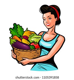 Beautiful girl holding a basket full of vegetables. Fresh food, healthy eating, farm concept. Cartoon vector illustration