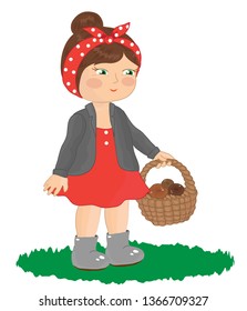 Beautiful girl holding a basket with mushrooms on a white background. Illustration.