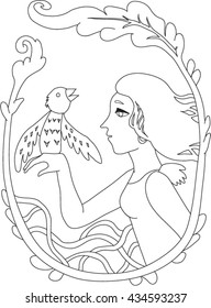 Beautiful girl holding bird on her hand.