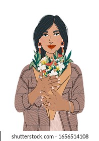 Beautiful girl holding a bouquet flower isolated on white background. Spring holiday, Happy mother's day. An illustration can be used for banner, poster, postcard and printable.