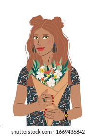Beautiful girl holding a bouquet flower isolated on white background. Spring holiday, Happy mother's day. An illustration can be used for banner, poster, postcard and printable.