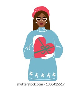 Beautiful girl holding a box with a gift in the shape of a heart. Postcard for christmas and valentine's day. Vector illustration