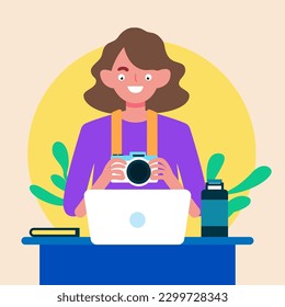 Beautiful girl holding a camera, doing a review in front of laptop, influencer shooting vlogs, successful woman working as a freelancer from home remotely, flat  avatar character vector illustration