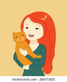beautiful girl holding a cat, vector illustration