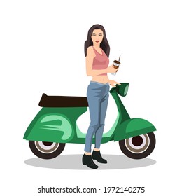 A beautiful girl holding coffee and standing beside a scooter.Vector illustration isolated on white background.Eco transport.Cute design for t shirt print, icon, logo, label, patch or sticker.