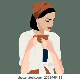 A beautiful girl is holding a cup of coffee or tea. A woman sits in a coffee shop and drinks coffee. Brunette in a handkerchief and shirt. Stylish image for the summer. Vector graphics. Illustration