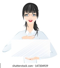 Beautiful girl holding empty board for text. Vector