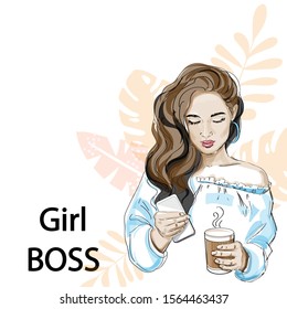 Beautiful girl holding a glass of coffee and a phone and the inscription girl boss on a white background