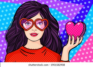 Beautiful girl holding a heart symbol wearing glasses in the shape of hearts. Concept of love in pop art style. Valentine's day greeting card vector illustration