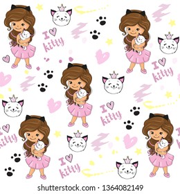 Beautiful girl holding a kitten and the inscription I love kitty seamless pattern on a white background