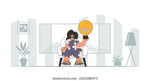 A beautiful girl is holding a light bulb in her hands. Idea concept. trendy character.
