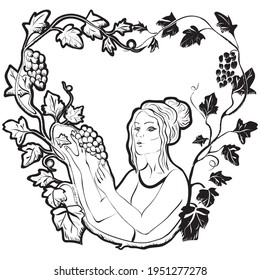 Beautiful girl holding on her hand a bunch of grapes. A sprig of grapes with leaves. Vintage black and white vector illustration isolated on a white background. Retro style