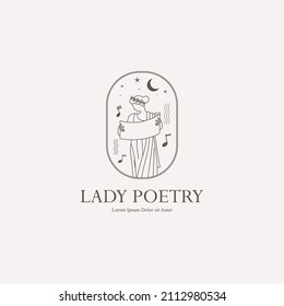 Beautiful Girl Holding Paper, Reading Poetry Poem Line Art Outline Logo Icon Sign Symbol Vector Illustration