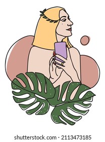 A beautiful girl is holding a phone in her hands. Graphic abstraction. Linear art. Internet communication concept. Online shopping, feedback. Drawn by hand. Vector image isolated on white background. 