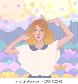  beautiful girl holding starry rainy clouds to protect her dreams, paper boats, from the rain 