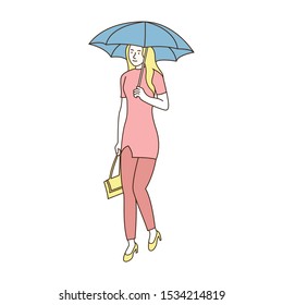 beautiful girl holding umbrella and bag. Hand drawn style design vector illustration