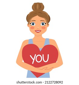 Beautiful Girl holds a Big Red Heart in her Hands. Happy Young Woman in Love. Print for Valentine's Day. Vector isolated cartoon illustration.