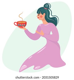 A beautiful girl holds a red cup of coffee in her hands. Young pretty woman in pink dress offers tea and coffee. Vector illustration for advertising hot drinks. Cartoon flat style.