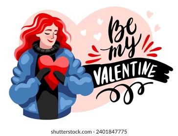 A beautiful girl holds a red heart in her hands. A red-haired woman in a jacket wishes happy Valentine's Day. Vector, Cartoon, Flat