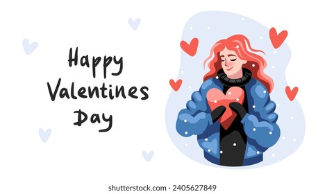 A beautiful girl holds a red heart in her hands. A red-haired woman in a jacket wishes happy Valentine's Day. Vector, Cartoon, Flat