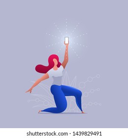Beautiful girl holds up a shimmering phone. Woman is holding the phone above. Vector concept illustration. 