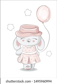 the beautiful girl honey bunny, rabbit, in a pink dress and a hat, with a balloon. The picture in hand drawing style, can be used  for t-shirt print, wear fashion design,   greeting card, baby shower.