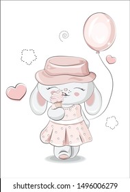 the beautiful girl honey bunny, rabbit, in a pink dress and a hat, with a balloon and ice cream.The picture in hand drawing style, can be used  for t-shirt print, wear fashion design,   greeting card,