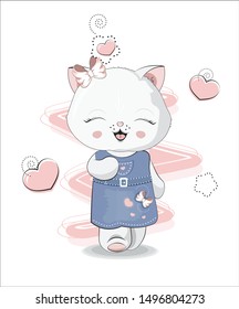 the beautiful girl honey cat, kitten, in a jeans dress. The picture in hand drawing style, can be used  for t-shirt print, wear fashion design,   greeting card, baby shower.