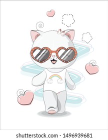 the beautiful girl honey cat, kitten, in a bathing suit and sunglasses. The picture in hand drawing style, can be used  for t-shirt print, wear fashion design,   greeting card, baby shower.