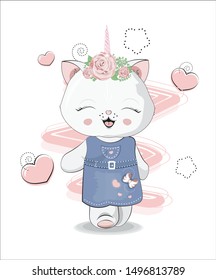 the beautiful girl honey cat unicorn, kitten, in a jeans dress. The picture in hand drawing style, can be used  for t-shirt print, wear fashion design,   greeting card, baby shower.