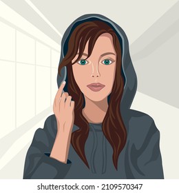 Beautiful girl in hoodie, drawing, abstract art, flat vector. 