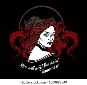 Hermosa muchacha con cuernos de pelo rojo Lilith la primera mujer de Adán que se convirtió en un demonio malvado en una huella de fondo negro para un arte de tatuajes mitológicos de camisetas