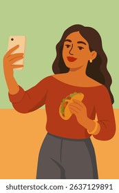 Beautiful girl with hotdog makes selfie. Vector stock illustration eps10.
