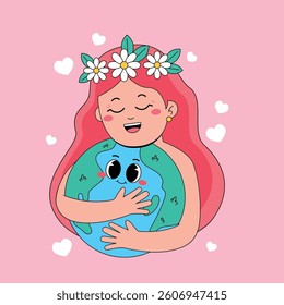 Beautiful girl hugging cute earth illustration