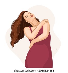 Beautiful girl hugs herself and enjoys, self-love and harmony concept, vector illustration