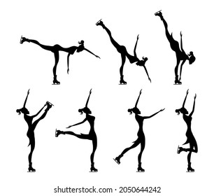 Beautiful girl with ice figure skate shoes black silhouette on white background isolated icon set collection. Alpha channel. Vector illustration.
