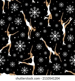 Beautiful girl with ice figure skate shoes seamless pattern. Vector illustration.