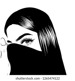 Beautiful girl illustration with high turtleneck on her face. Hand-drawn idea for business cards , templates, invitations, banner, wallpaper, poster. Perfect social media trendy style look.