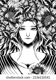 Beautiful Girl Illustration Overgrown With Sunflower Line Art