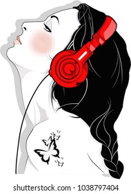 Beautiful girl illustration with red headphones and butterfly tattoo.