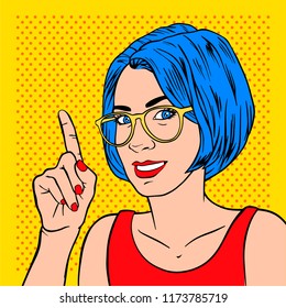 Beautiful girl with index finger. Retro pop art style. Cartoon vector illustration